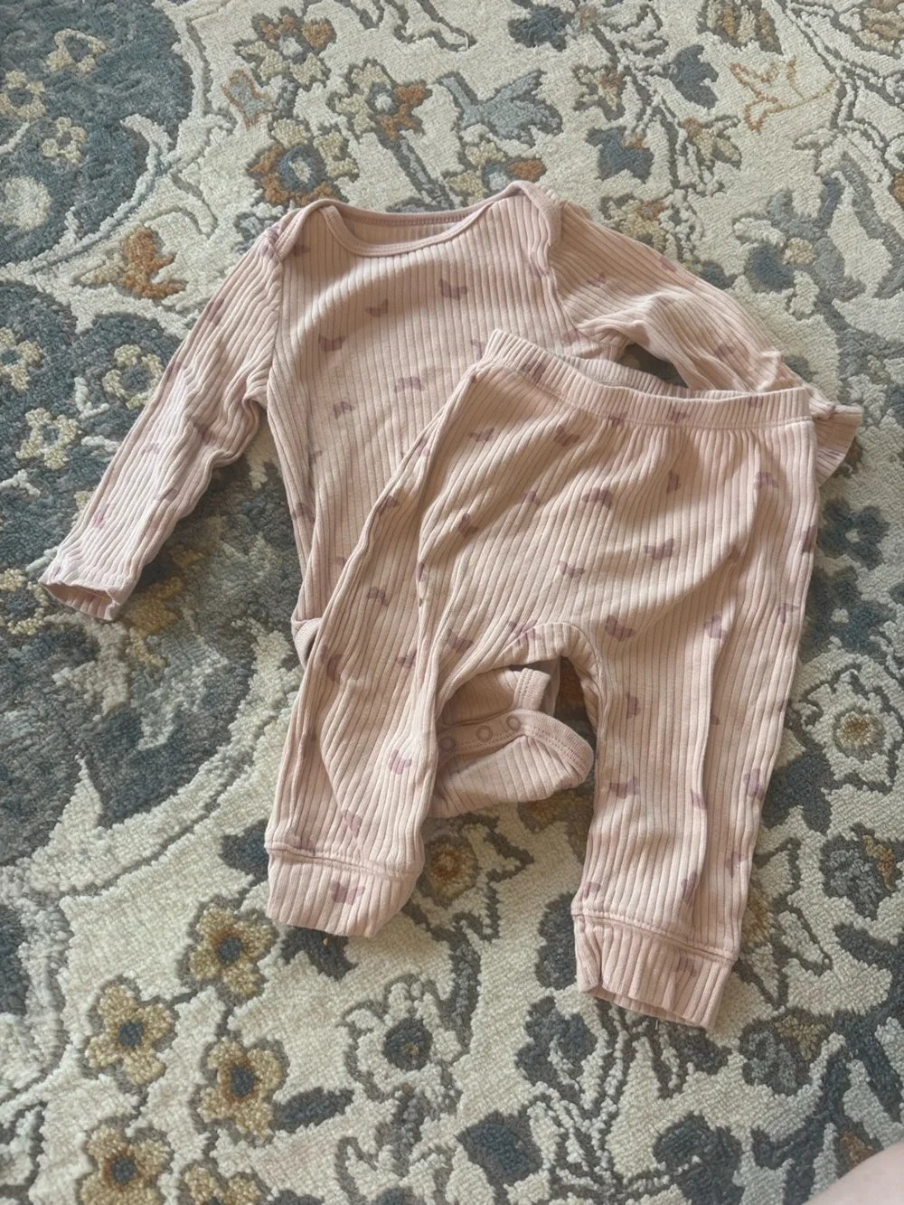 cloud island Pink Ribbed Pajama Set with Lilac Butterfly Print